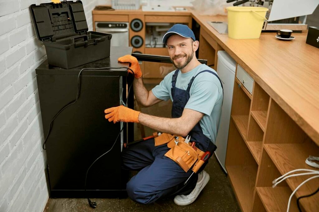Technician fixing a refrigerator in a home kitchen